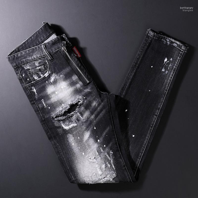 

Men's Jeans Street Style Fashion Men Black Color Slim Fit Destroyed Ripped Patch Designer Hip Hop Splashed Denim Punk Pants Bert22