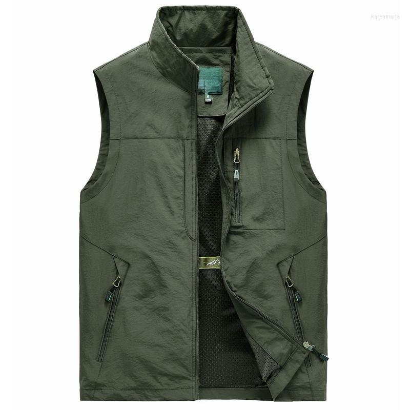 

Men's Vests Streetwear Overalls Vest Spring Autumn Solid Color Loose Pockets Men Sleeveless Cardigan Zipper Turn-down Collar Coat Kare22, Gray