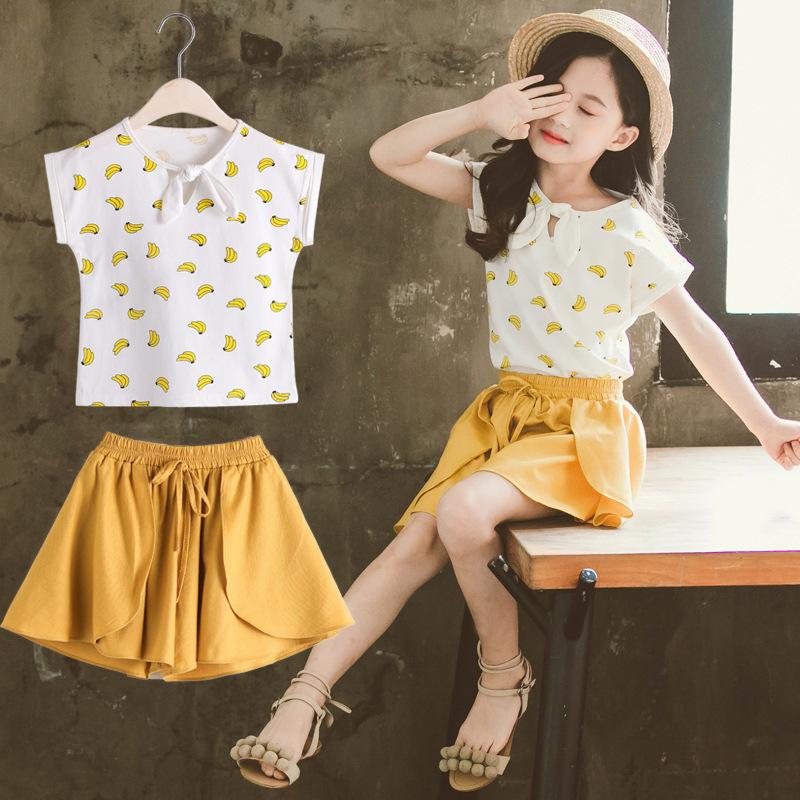 Ensembles de vêtements enfants filles costume à manches courtes été grands enfants Version coréenne de shorts imprimés banane deux pièces ensembl