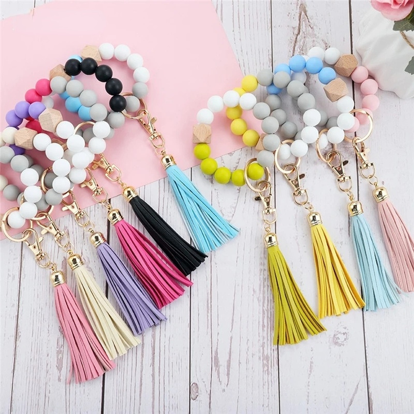 

Silicone Beaded Bangle Keychain with Tassel for Women Party Favor, Wristlet Key Ring Bracelet DHL sxmy13