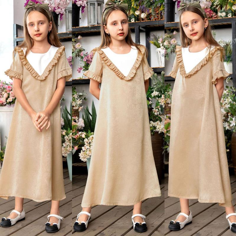 

Ethnic Clothing Muslim Girls Sweat Dress Children Solid Color Ruffle Moroccan Dresses Kids Flare Sleeve Hijab Elbise Dubai Vestido Kaftan Su