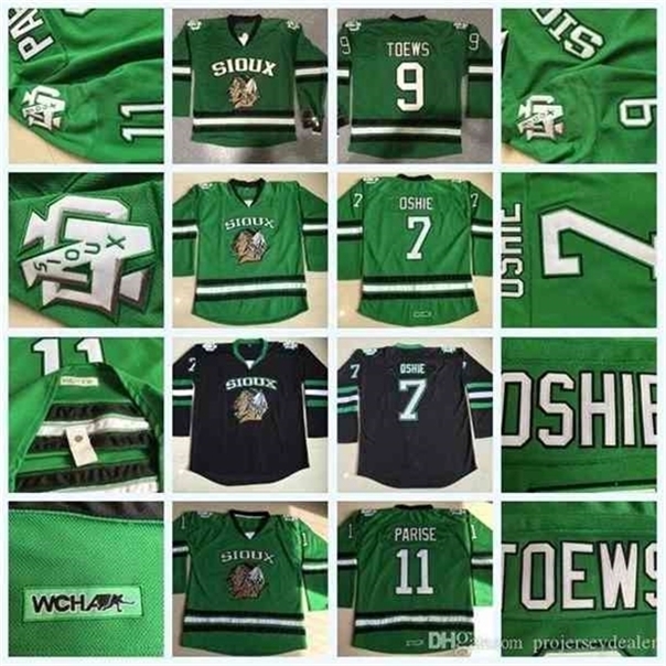 

C26 Nik1 North Dakota Fighting Sioux 7 TJ Oshie 9 Jonathan Toews 11 Zach Parise College Fighting Hawks UND Hockey Jersey Mens DAKOTA College Jersey, 7 green
