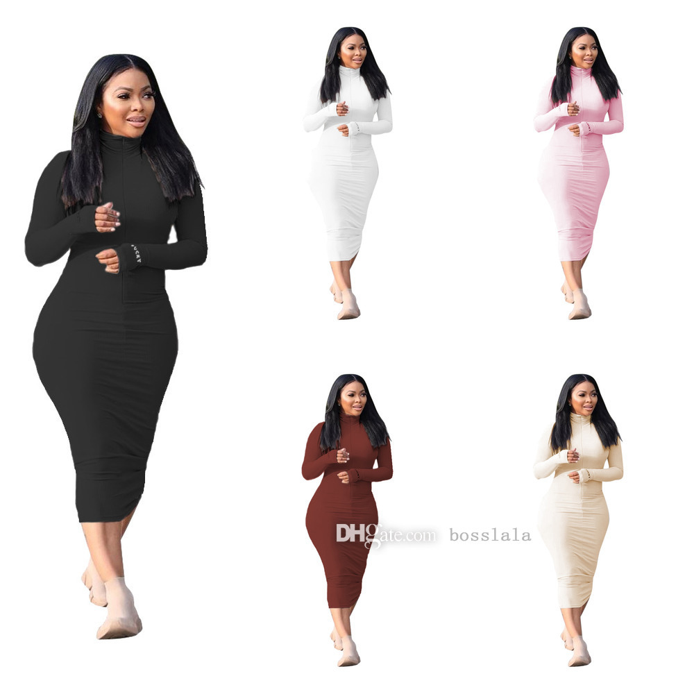 

Casual Long Sleeve Dresses Fall Winter Womens Pit Strip Solid Color Letter Embroidery Dress, Khaki-4