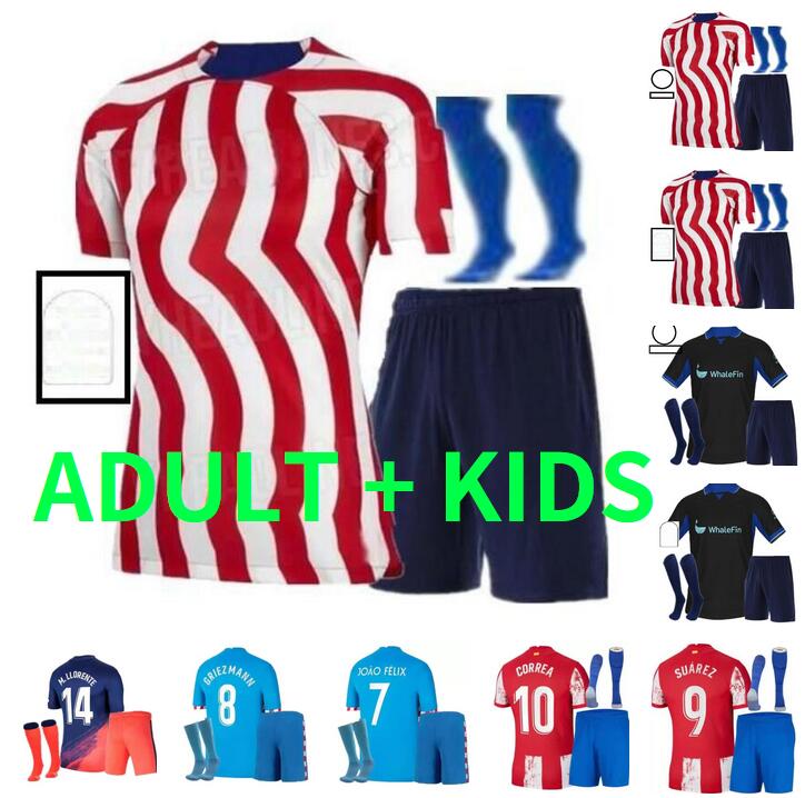 

Atletico Madrids JOAO FELIX Soccer Jerseys 2022 2023 GRIEZMANN CARRASCO M. Llorente Camisetas 21 22 23 LLORENTE CORREA Football Shirt Men Kids Kit set uniform socks