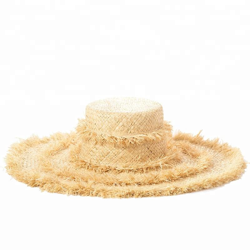 

Wide Brim Hats Handmade Natural Grass Hat Flat Top Sun Beach Raffia Straw With Tassel DecorationWide, Natural beige