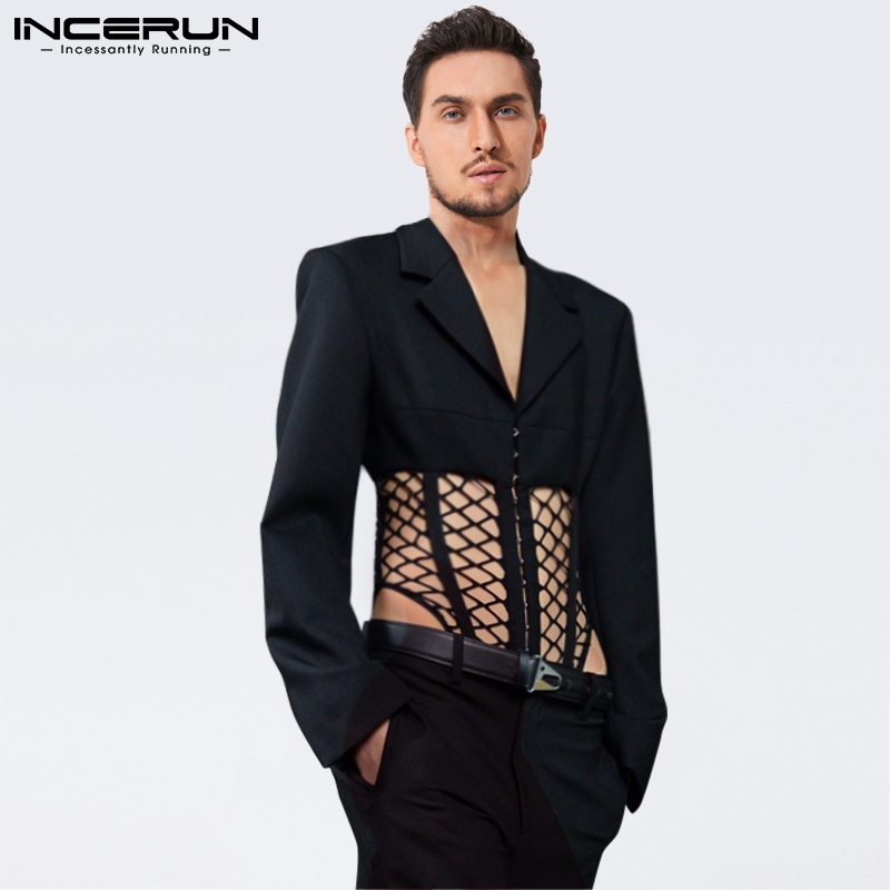 Men's Sexy Leisure Jumpsuits Male Long Sleeved Breathable Mesh Patchwork Suits Shirt Jumpsuits S-5XL INCERUN Tops 220409Z
