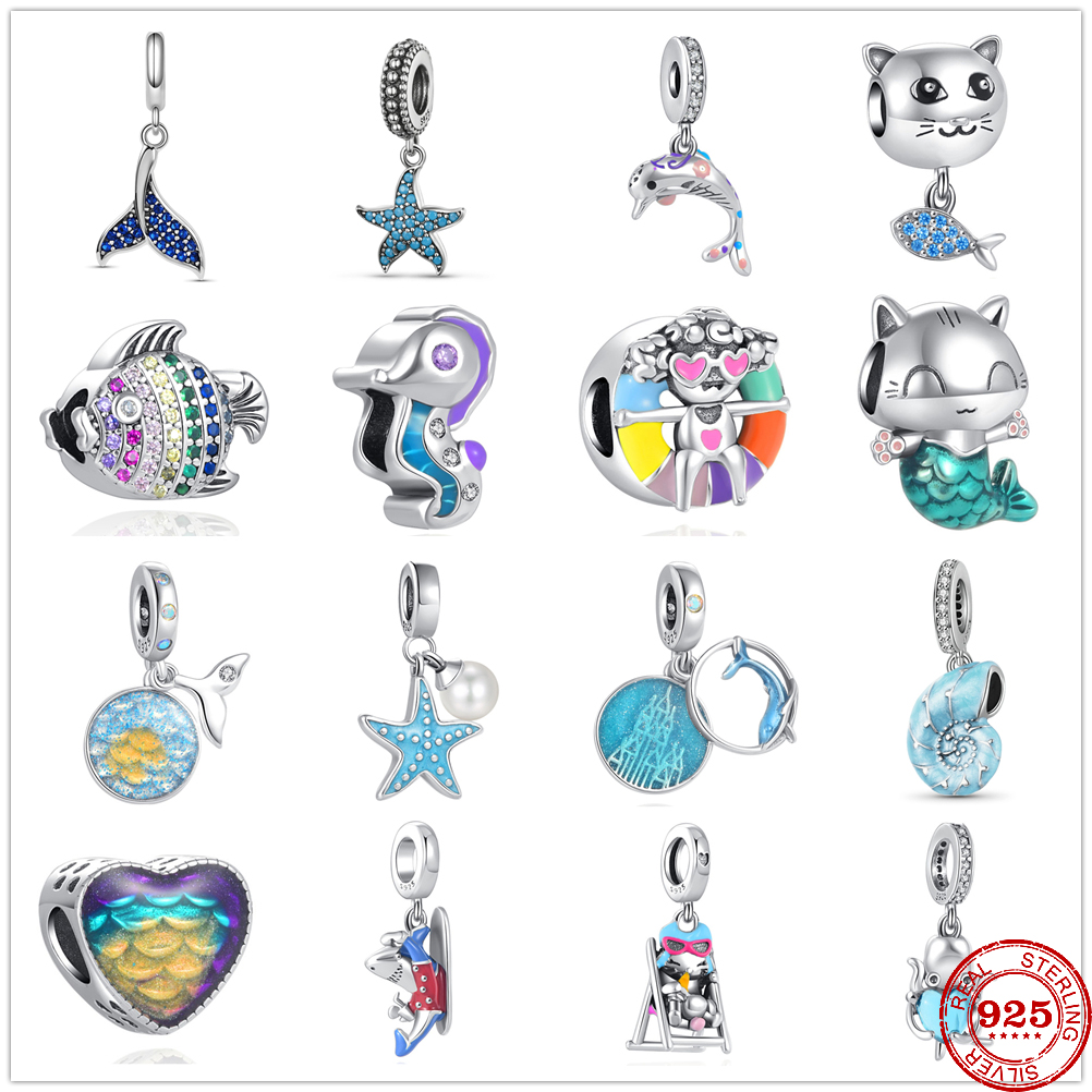 925 Perles de charme en argent pendent l'été Nouvelle baleine queue étoiles de mer dauphin chat sirène perle en ajustement charmes bracelet brico
