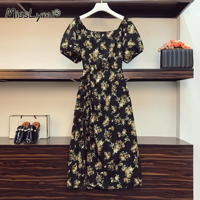 

Plus Size Dresses 4XL Women Vintage Black Floral Long Dress Summer 2022 Square Collar Puff Sleeve High Waist A-Line Split Ruched
