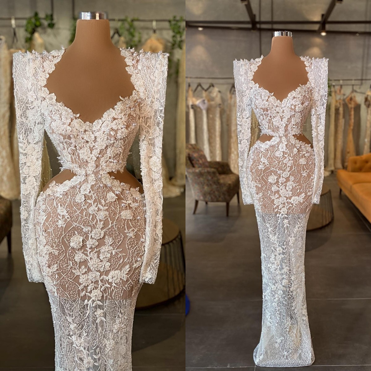 

Sexy Full Lace Mermaid Wedding Dress Long Sleeve Beaded Appliqued Floor Length Bridal Gowns Custom Made Robe de mariee, Hunter green
