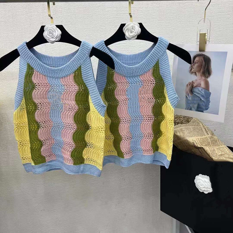

Women' Knitted Tanks Summer Stripe Fashion Sexy Crop Top Slim Tops Sleeveless Workout Vest Ladies Good Quality Knit Tank, The picture color