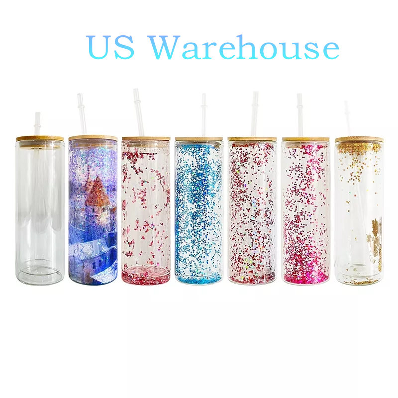 

USA WAREHOUSE Sublimation 20oz straight snow globe glitter Cup soda beer coffee Double Wall Glass tumbler with bamboo lid and straw Mug With Hole, Clear