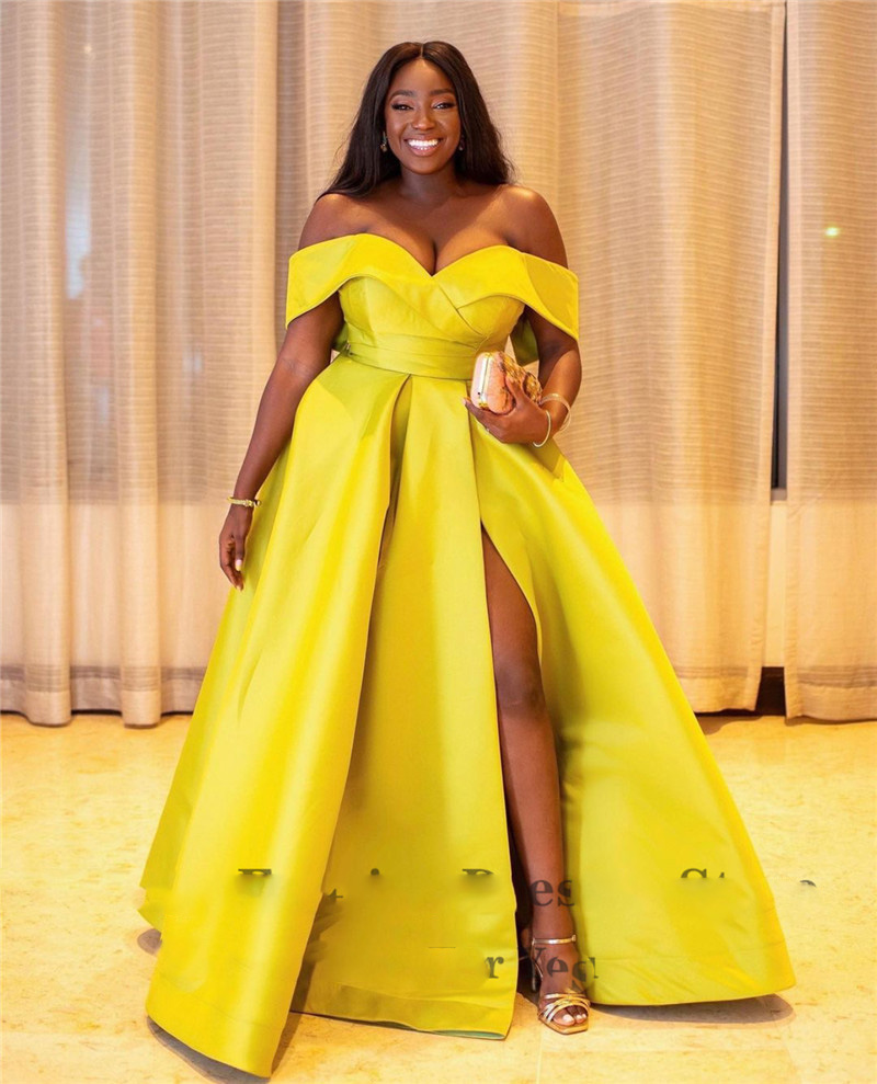 

Lemo Yellow Satin Long Evening Dresses Off Shoulder Side Slit Simple Prom Gowns Plus Size African Women Formal, Chocolate