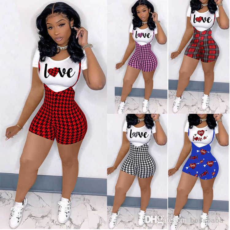 

Women Two Piece Pants Sets Summer Clothing 2021 Sling letter printing Plaid Shorts + T-shirt Short Sleeve Pant Suits S-XXXL, Black and white