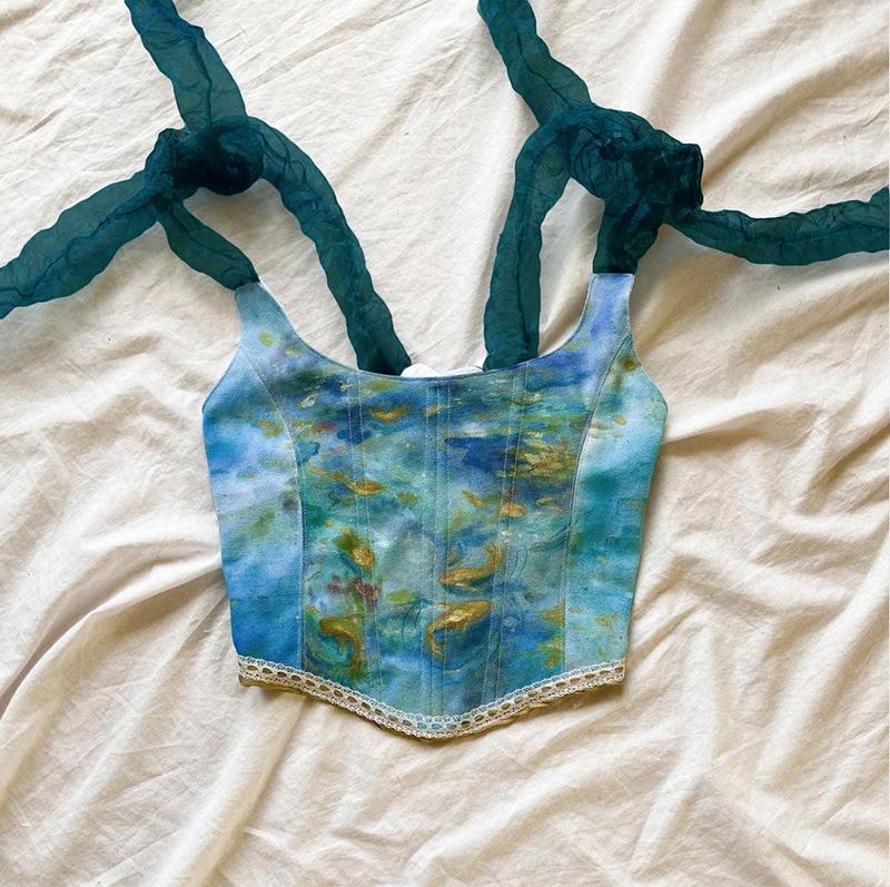 

Bustiers & Corsets Vintage Aesthetic Printed Lace Up Camisole Women Bow Bandage Hollow Tank Top Skinny Party Streetwear Summer Trend CorsetB, Blue