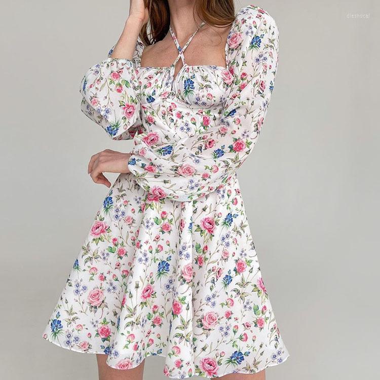 

Casual Dresses Floral Dress Women Fall Sexy Slim Square Neck Puff Long Sleeve 2022 Lace Up Print Elegant A-line Wrapped Chest, Green