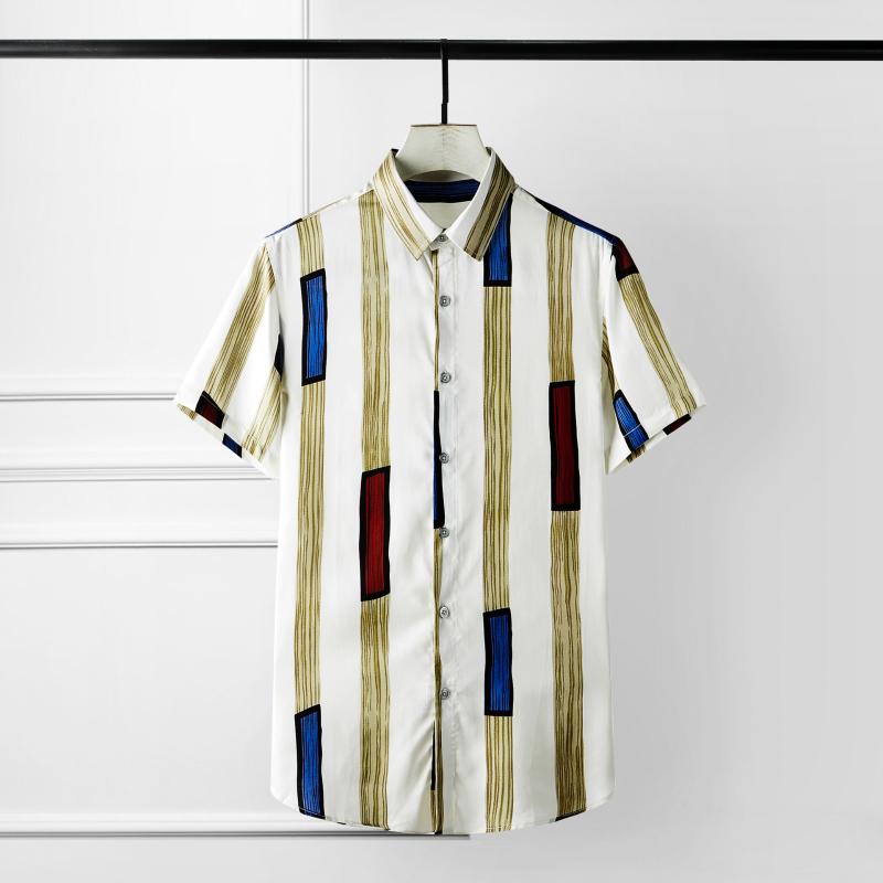 

Men's Casual Shirts Minglu Mens Luxury Stripe Digita Printed Short Sleeve Dress Bamboo Fiber Slim Fit ManMen's, Beige