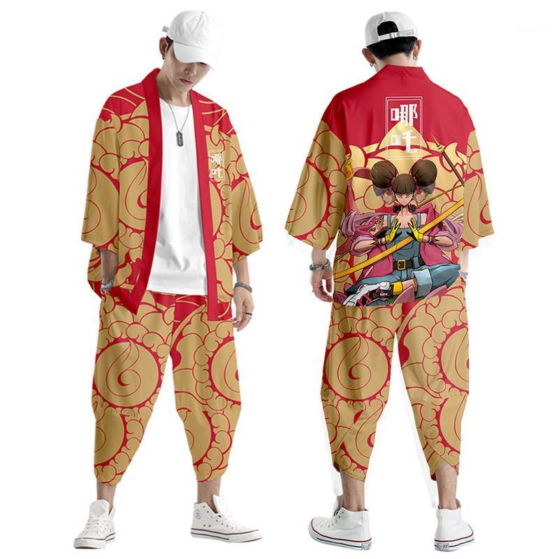 Ethnic Clothing Oversize 6XL Cartoon Nezha Printed Cardigan Obi Yukata Men's Haori Kimono And Pant Traditional Japan Streetwear