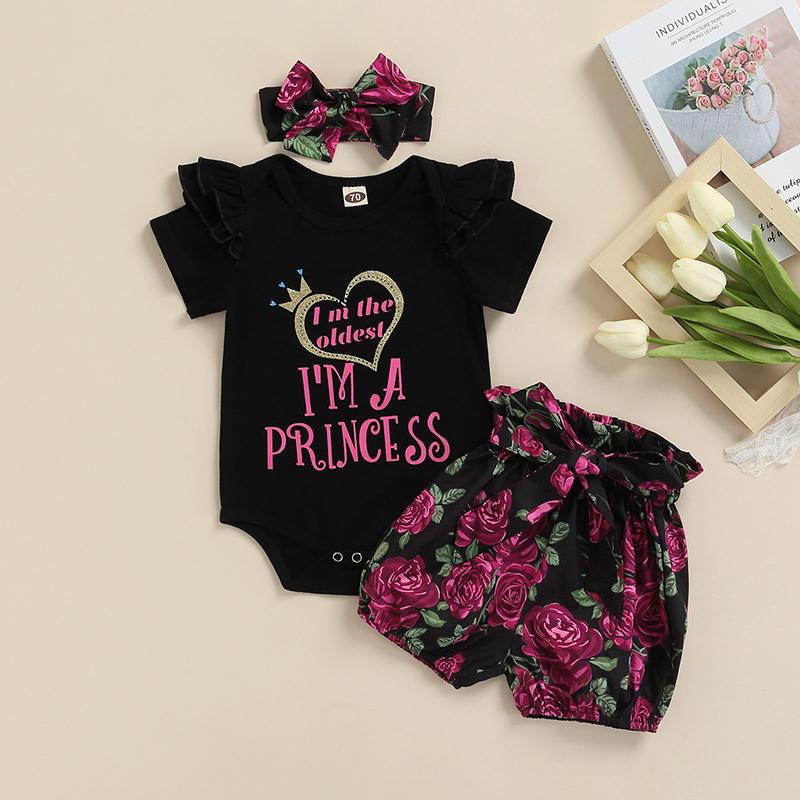 

Clothing Sets 0-3Y Born Baby Girls Clothes Letter Printed Sleeve Romper Flowers Shorts Headband ClothingClothing, As pic