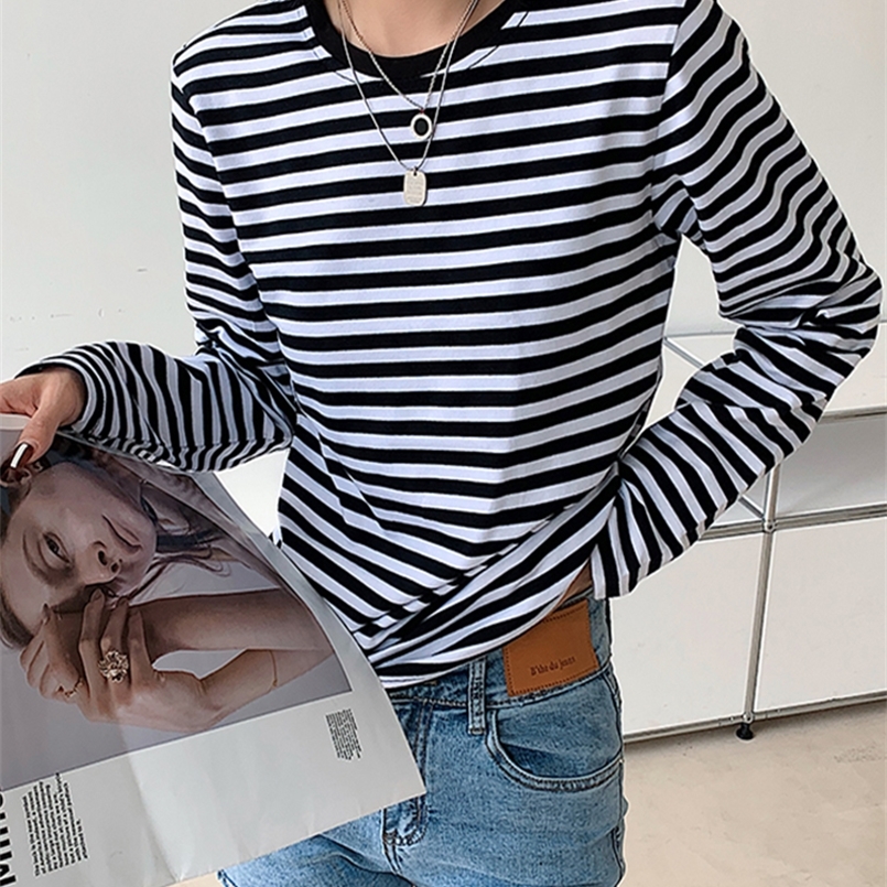 

Women Black And White Stripes Casual Tops O Neck Long Sleeve Loose Pullover T shirt Autumn Fashion Korea Shirt Cotton 220728