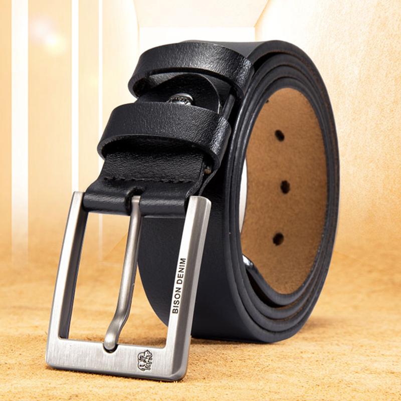 Belts Bison Denim Black Vintage Cowskin Belt Men Accessories Cowboy Genuine Leather Pin Buckle Mens Gift For Man And Box