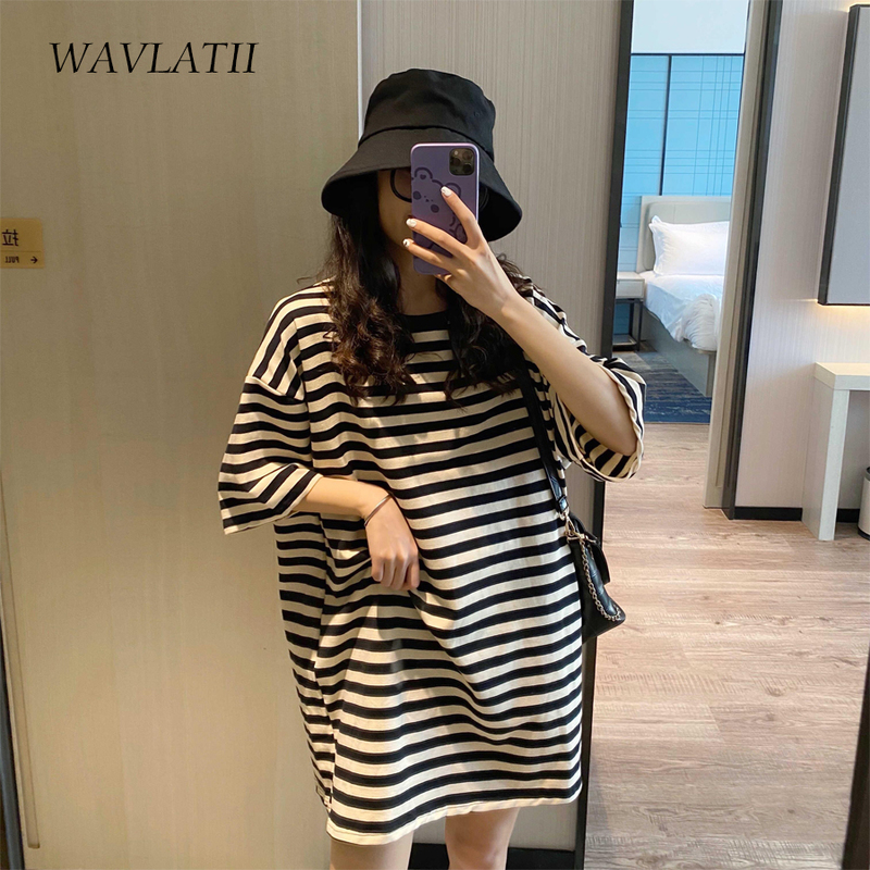 

WAVLATII Women Striped Short Sleeve T shirts Lady Oversized Cotton Tees Female Casual Streetwear Tops for Summer WT2143 220615, Black