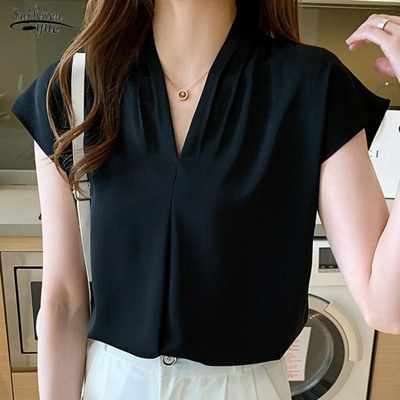 

Women' Blouses & Shirts 2022 Summer V-neck Blouse Women Tops Solid Plus Size Female Clothing Office Lady Casual Chiffon Short Sleeve Shirt, Black