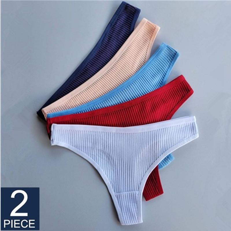 

2pcs Sexy Thong Womens Cotton Panties Low Waist Thongs Striped Solid Underpants Comfortable G-string Intimate Lingerie, Navy white