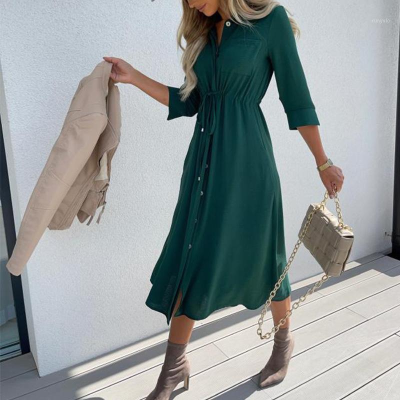 Casual Dresses Fashion Women Long Sleeve Simple Party Dress Button Lapel Shirt Elegant Drawstring Slim Waist