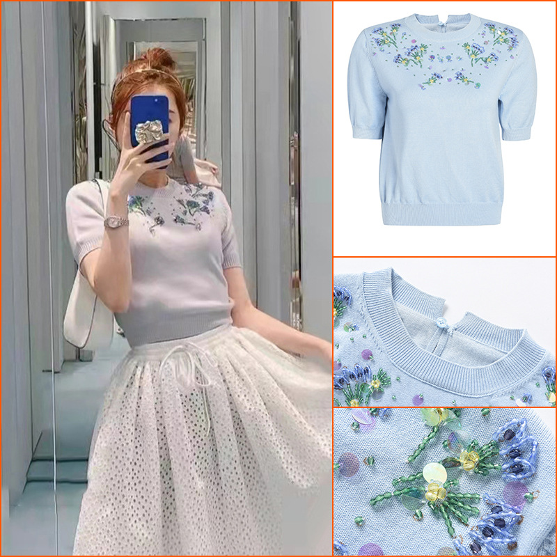 

22 2022 Milan Runway Spring Summer Brand Same Style Sweater Short Sleeve Blue Crew Neck Bedas Sequins Pullover High Quality Womens changji