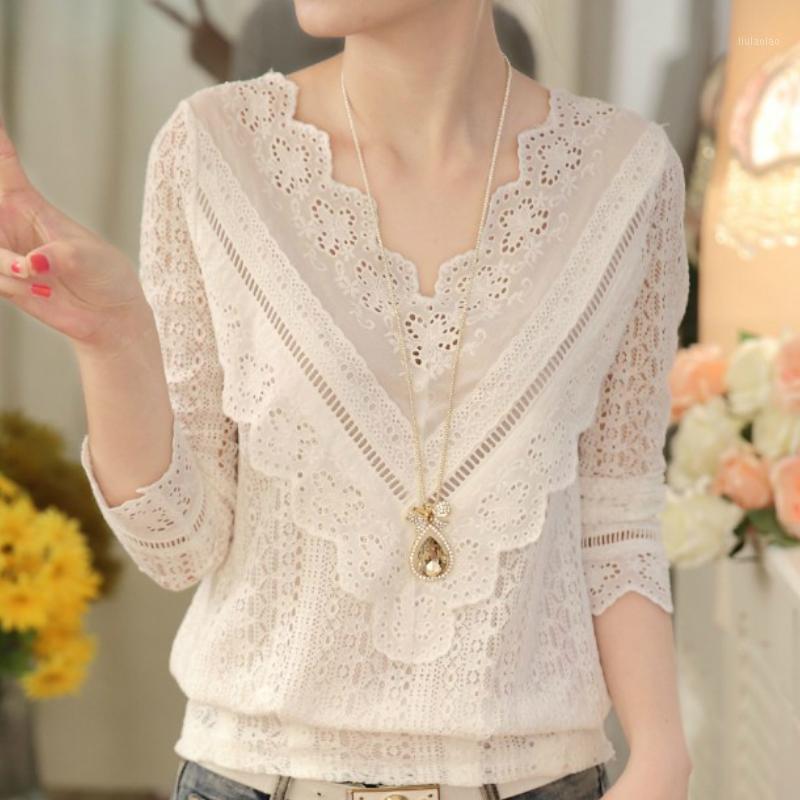 

Women' Blouses & Shirts Autumn Women White Blouse Long Sleeve V-Neck Hollow Lace Shirt Tops Blusas Mujer De Moda 2022 C219