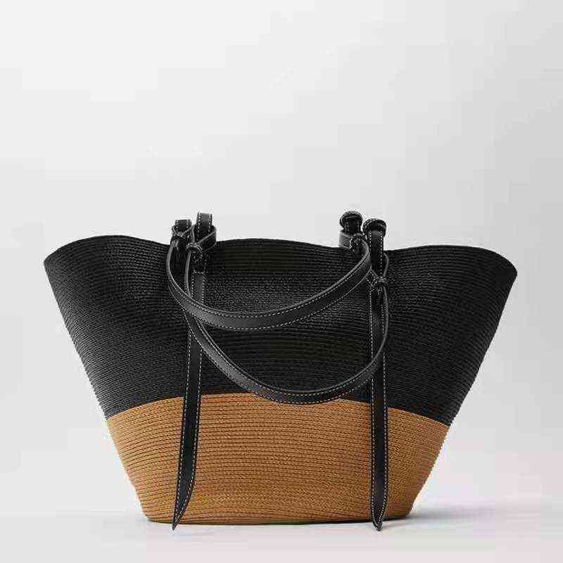 

Straw Woven Bag Color Matching Splicing Bag Large Capacity Woven HandBag Women's Fashion Seaside Resort Beach Bag 220615, Black splicing bag