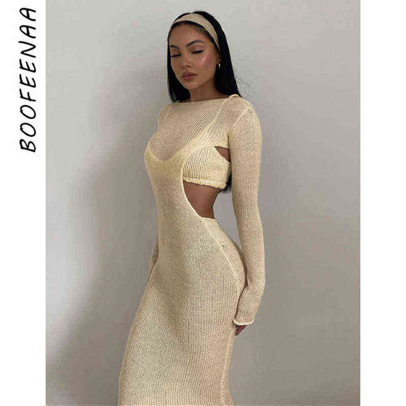 

BOOFEENAA Sexy Knitted Sweater Two Piece Dress Sets Elegant Hollow Out Long Sleeve Bodycon Maxi Dresses for Women 2021 C83-CE21 J220708, Orange