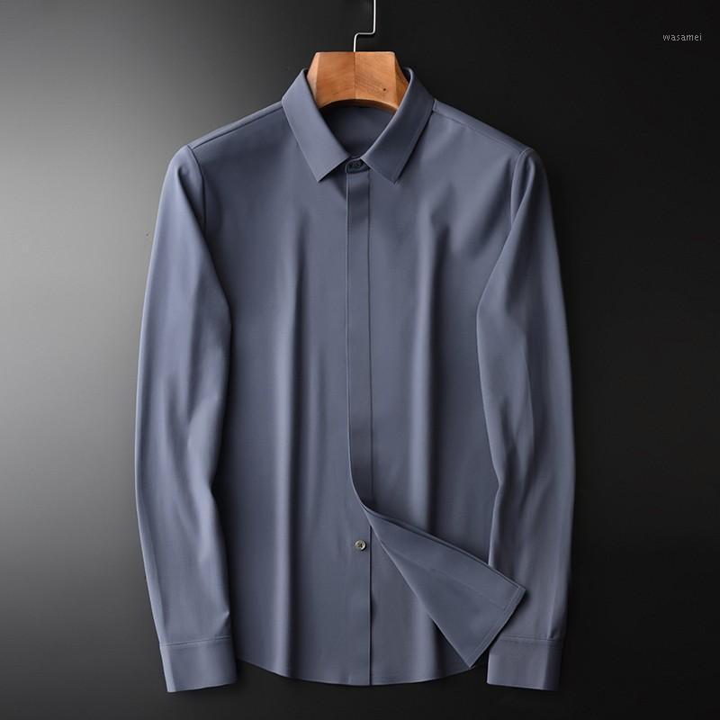 

High Autumn Male Quality Long Sleeve Solid Color Casual Fashion Slim Fit Mens Dress Shirts Plus Size Men's, Blue grey c20040