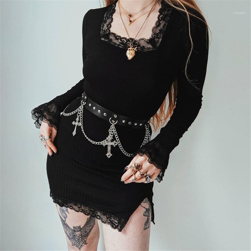 

Casual Dresses Autumn 2022 Fashion Design Womens Dress Solid Color Lace Splicing Square Collar Long Sleeve Split Fork Pullover Women, Black