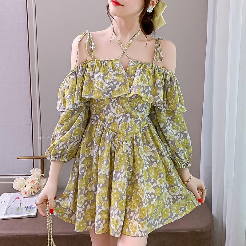 

Women' Blouses & Shirts Temperament Female Floral For Holiday Ruffled Slash Neck Lantern Sleeve Woman Chiffon Long Loose Young Lady TopsWom, The picture color
