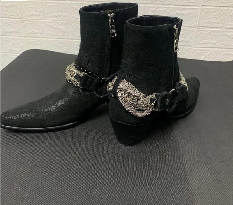 

Fashion Silver Chains Boots Winter Wyatt Shoes High top Cow Leather Gentlemen Boots Chelse Shoes, Black