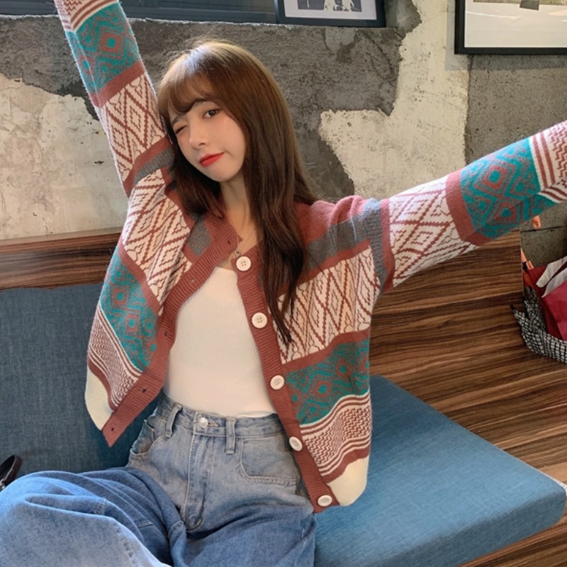 

Sweet Chic Print Sweater Cardigan Tops Female Autumn 2022 Korean Chic Vintage Long Sleeve Single Breasted Sweater Women Outwear, Blue