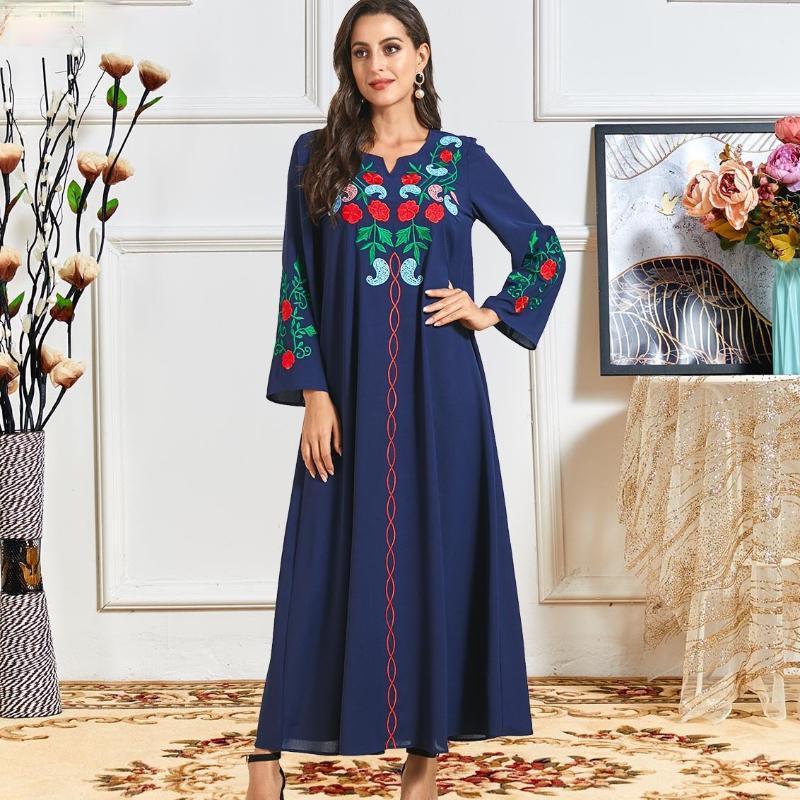 

Ethnic Clothing 2022 Muslim Fashion Autumn Heavy Embroidery Women's Temperament Printing Splicing Long Sleeve Casual Dress