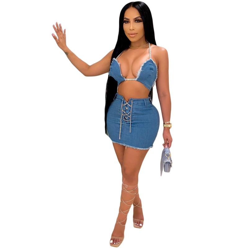 

Women' Tracksuits Ins Sexy Tied Rope High Elastic Denim Skirt Set Ladies SuitsWomen, Black