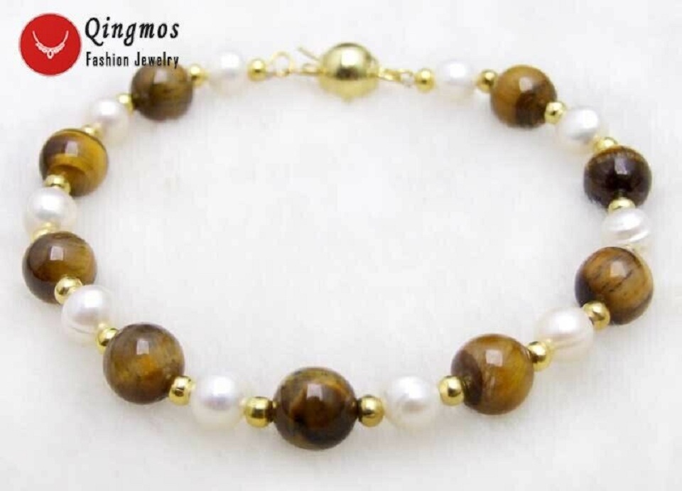 

6-7mm Natural White Pearl Bracelet for Women Tiger's-eye Stone Bracelet 7.5''