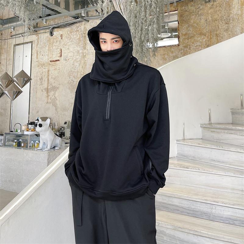 

Men' Hoodies & Sweatshirts Fashion Casual Hooded Sweater 2022 Spring And Autumn Trend Structure Personalized Loose Stand Collar Bib Top, Black