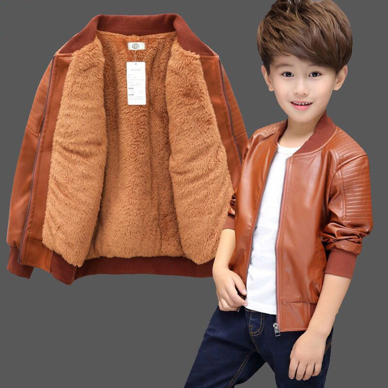 Boys Coats Autumn Winter Fashion Korean Children's Plus Velvet Warming Cotton PU Leather Jacket For 2-15Y Kids Hot-image-774406686