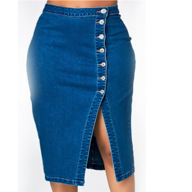 

Skirts Women Sexy Denim 2022 Fashion Vintage Woman Short Skirt Jean Plus Size Casual Button Asymmetrical A-Line Splicing LK, Blue