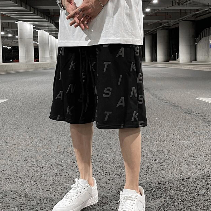 

Letter Foam Drawstring White Black Summer Casual Shorts for Men Streetwear Retro Wide Leg Loose Knee Length Pants Oversized