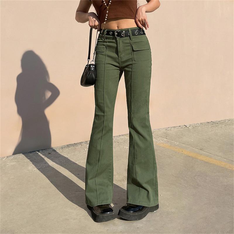 

Women' Pants & Capris Women Middle Waist Casual 90s Soild Pocket Vintage Straight Leg Flare Trousers Loose Streetwear Comfy High Quality, Army green