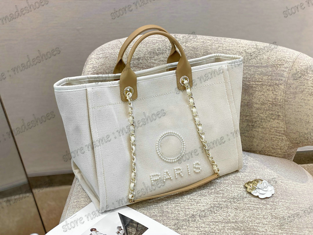 

Deauville Pearl Tote Bag Ecru Large Shopping Canvas Shoulder Bags Silver Chain Handle Women Designer Tweed Bag with Pearls Embroidery Cream/Beige Black, Customize