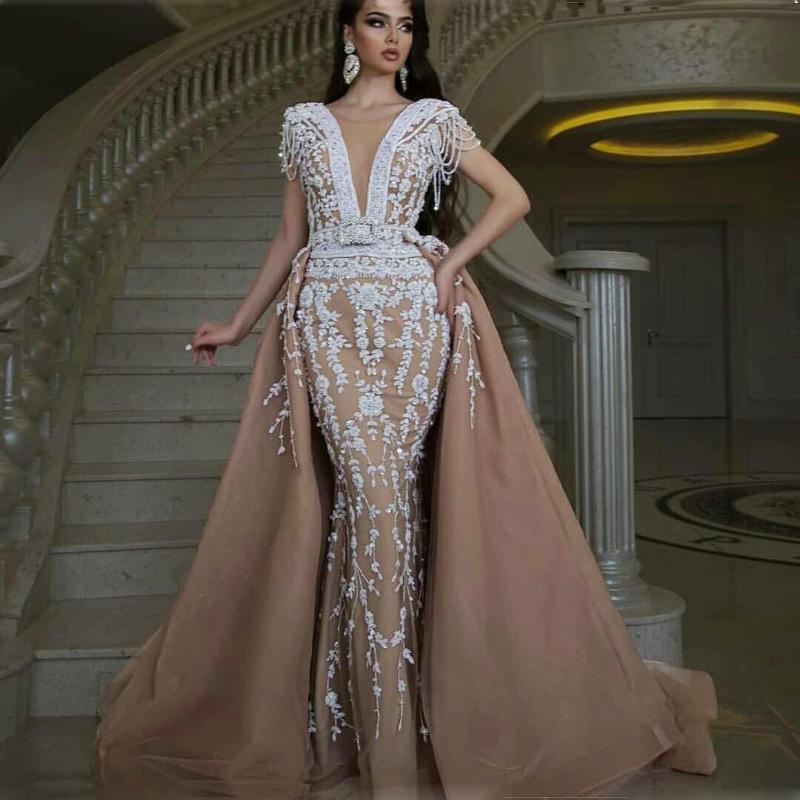 

Party Dresses Saudi Arabia Detachable Train Evening White And Champagne Lace Appliques Mermaid Prom Dress Dubai Sweep GownsParty, Sky blue