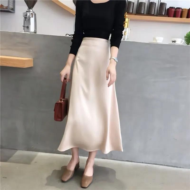 

Skirts Basic Solid Satin Skirt Women Spring Summer 2022 Fashion Midi Elegant High Waisted Korean Style Quality A-Line, Khaki