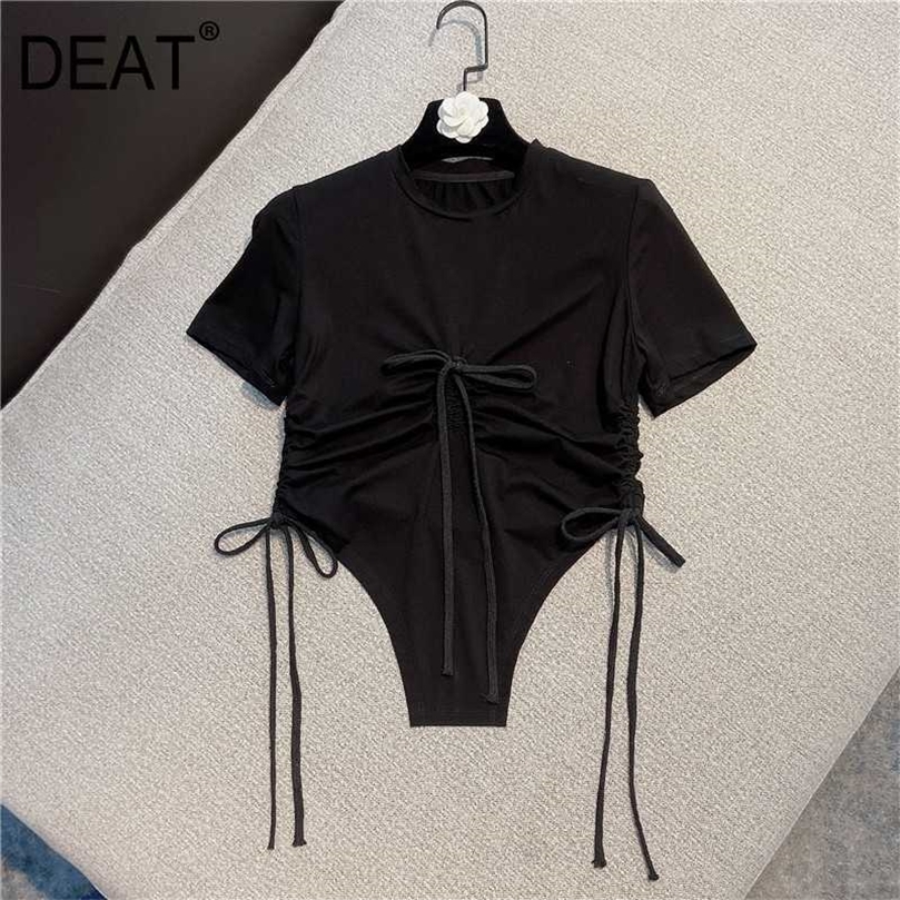 

DEAT Women Black Drawstring T-shirt Solid Color Round Neck Short Sleeve Fashion Temperament Spring Summer 11D437 210709