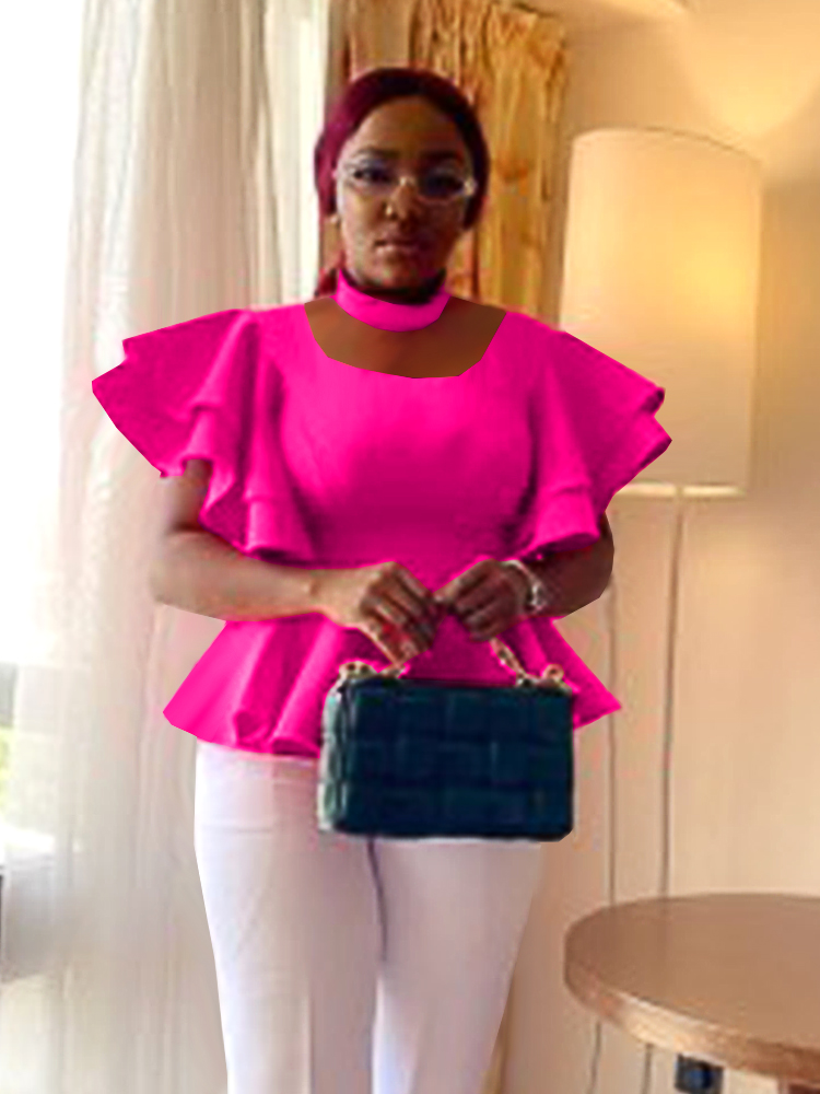 

Ladies Halter Peplum Shirt Blouse Fuchsia Butterfly Sleeves Casual Office Work Daily, Red